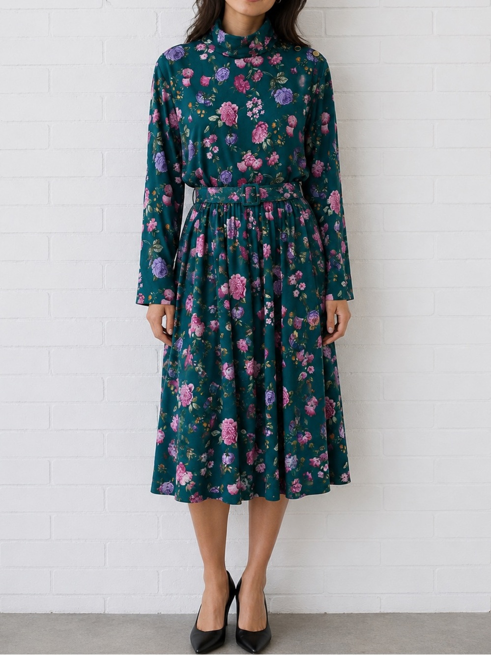 Vintage Stuart Alan Petites Floral Dress Green Pink Roses USA Size 14 Belted